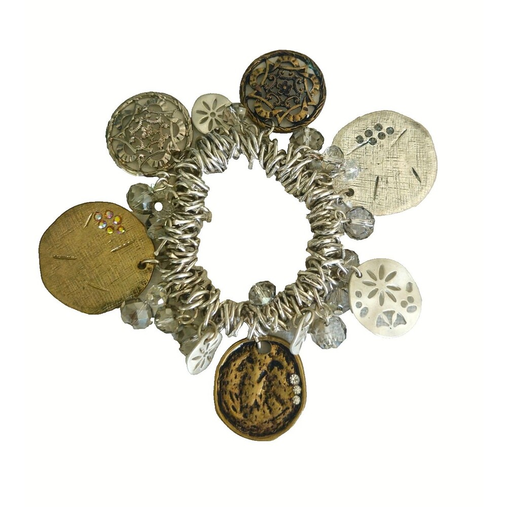 Artisan Stretch Charm Bracelet Crystal Beads Sand Dollar Charms Boho Silver